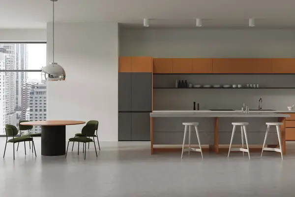 Interior Cozinha Moderna Casa Com Mesa Jantar Cadeiras Janela Panorâmica — Fotografia de Stock