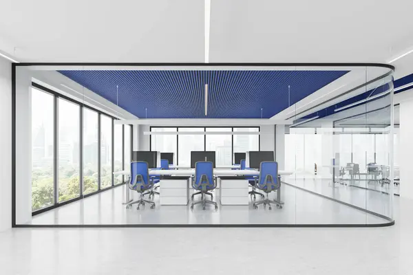 White and blue office loft interior with glass coworking room, pc computers on desk and armchairs in row. Panoramic window on Bangkok skyscrapers. 3D rendering