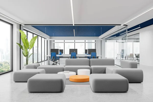 White business interior with chill space and glass coworking room. Workplace with pc computers, modular sofa near panoramic window on Bangkok skyscrapers. 3D rendering
