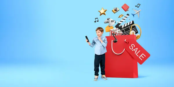 Young Boy Smartphone Standing Big Shopping Bag Online Shopping Icons — Stock Photo, Image