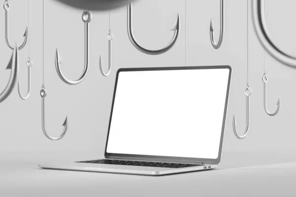 View of laptop with blank display surrounded by hooks over gray background. Concept of scam and data theft. Cybercrime and malicious activity. 3d rendering