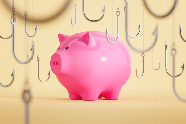 View Pink Piggy Bank Surrounded Hooks Yellow Background Concept Scam — Stock Photo, Image