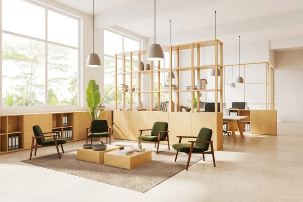 Hoekzicht Van Kantoorruimte Interieur Met Lounge Zone Plank Partitie Coworking — Stockfoto
