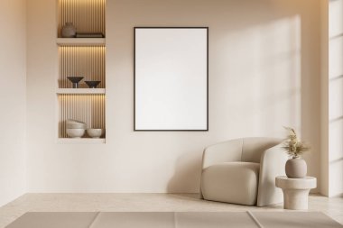 Şık bir otel odası iç koltuğu, dekorasyonlu raf vazolu kahve masası, bej beton zeminde halı. Tuvalin posterini hazırla. 3B görüntüleme