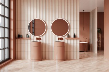 Modern banyo, bej duvarlar, ahşap zemin, rahat çift lavabo ve üzerinde iki yuvarlak ayna asılı. 3d oluşturma