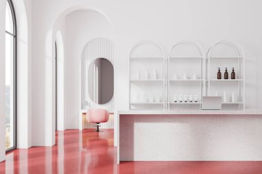 Beyaz salonun içinde resepsiyon masası, kozmetik ürünleri, kemerli kapı girişi ve kırsal alanda panoramik pencere var. Kırmızı zeminde modern mobilyaları olan bir berber dükkanı. 3B görüntüleme