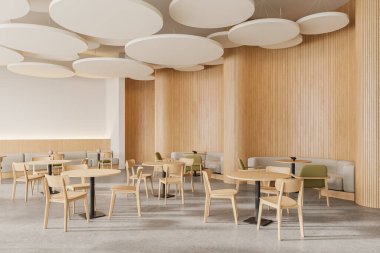 Lokantanın iç tarafının köşesinde sandalyeler ve sıralı yuvarlak masalar, açık beton zemindeki kanepe. Minimalist kafe modern mobilyalarla besleniyor. 3B görüntüleme