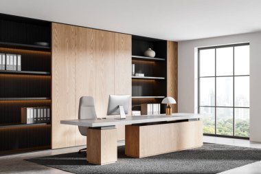 Ofisin iç tarafının köşesinde masa başında bilgisayar, halının üstünde koltuk beton zemin. Bangkok gökdelenlerinde panoramik penceresi olan şık bir danışma odası. 3B görüntüleme