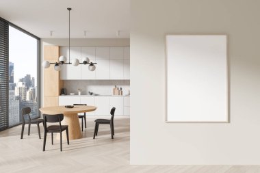 Beyaz duvarlı modern mutfak, beton zemin, gri dolaplar ve dolaplar ve sandalyeli yuvarlak yemek masası. Sağda dikey maket posteri var. 3d oluşturma