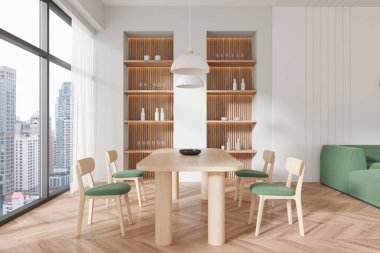 Beyaz duvarları, ahşap zemini, yeşil sandalyeli uzun yemek masası ve ahşap dolapları olan modern yemek odasının içi. 3d oluşturma