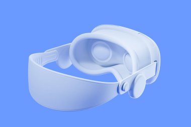 Mavi arka planda beyaz VR gözlüklü karikatür. Meta evren kavramı, yeni gelecek teknolojisi, büyüleyici ve sanal gerçeklik. 3B resimleme