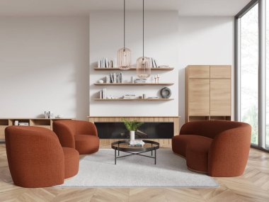 Beyaz duvarları, ahşap zemini, rahat kahverengi kanepesi ve sehpanın ve şöminenin yanında duran koltukları olan modern oturma odasının içi. 3d oluşturma