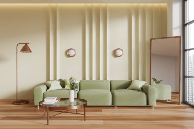 Lüks yeşil dinlenme odası. Kanepe, sehpa, lamba ve ayna parke zeminde. Havalı bir toplantı ya da gökdelenlerin panoramik penceresinin yanında rahatlama alanı. 3B görüntüleme