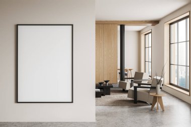 Şık bir ev oturma odası koltukları, kahve masası, gri beton zeminde halı. Gökdelenlerin panoramik penceresi. Bölümdeki tuval posterini taklit et. 3B görüntüleme