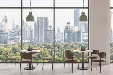 İçinde sandalyeler, tabaklar ve beton döşemeler olan modern bir restoran. Bangkok gökdelenlerinde panoramik pencereli şık bir kafe. 3B görüntüleme