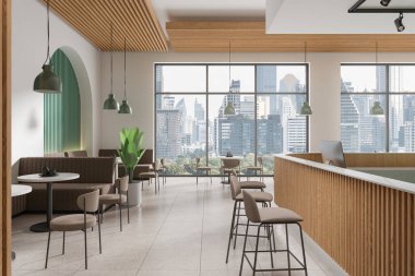 Lüks bir kafe. İçinde sandalye ve masa var. Döşemesi beton. Bangkok gökdelenlerinin panoramik penceresinin yanında kasası, tezgahı ve yeme alanı olan bir bar ya da restoran. 3B görüntüleme