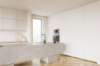 Taş bar adasıyla lüks ev mutfağı manzarası. Mutfak gereçleri olan beyaz raflar, Bangkok 'ta panoramik pencereli modern bir dairede yemek pişirme alanı. 3B görüntüleme