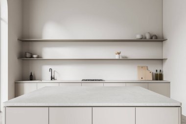 Mutfağın içinde taş tezgah, mutfak gereçleri ve raflarla lavabo ve soba var. Minimalist aletleri olan modern yemek alanı. 3B görüntüleme