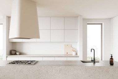 Beyaz ev mutfağı içinde taş bar adası, lavabo ve fırın var. Tabakları ve mutfak gereçleri olan raflar, Bangkok 'ta panoramik pencereli modern bir dairede yemek pişirme alanı. 3B görüntüleme