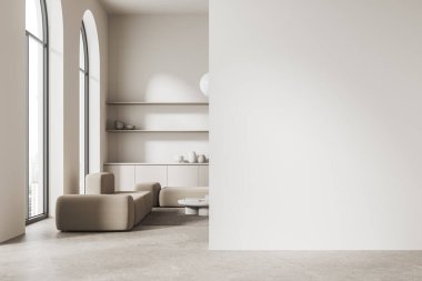 Minimalist oturma odasının içinde beyaz duvarlar, beton zemin, rahat beyaz kanepe şifoniyerin yanında duruyor ve sağdaki uzay duvarını kopyalıyor. 3d oluşturma