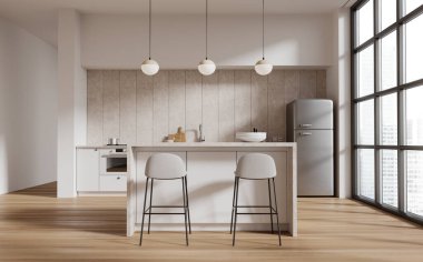 Beyaz ve bej duvarları, ahşap zemini, lavabosu ve tabureli adası olan rahat beyaz dolapları olan şık bir mutfak. 3d oluşturma