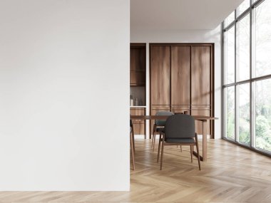 Yemek masası, sandalyeler, ahşap döşeme. Yemek kabini, panoramik pencere ve duvar bölümünün maketi. 3B görüntüleme
