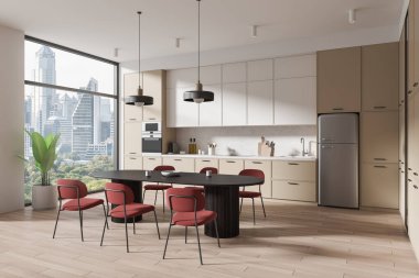 Beyaz duvarlı şık mutfak köşesi, ahşap zemin, rahat bej dolaplar ve sandalyeli uzun yemek masası. 3d oluşturma