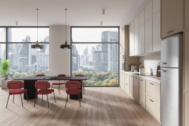 Yemek masası ve sandalyeli modern ev mutfağı, Bangkok gökdelenlerinin panoramik penceresi. Beyaz ve bej dolaplı yemek pişirme ve yeme alanı. 3B görüntüleme