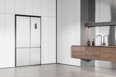 İçi lavabo ve buzdolabı dolu gri metalik mutfak, ahşap tezgahta yan görüş sabun şişesi ve beton zemin. Modern apartmanda yemek köşesi. 3B görüntüleme