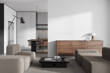 Halı, kahve masası, yemek alanı, yemek dolabı ve buzdolabı olan lüks bir stüdyo. Şık mobilyaları, büfesi ve boş duvar bölmesi olan rahat bir daire. 3B görüntüleme