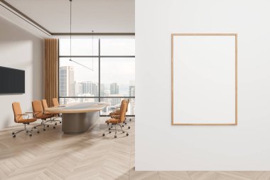 Masası ve koltukları olan şık bir ofis, panosu ve televizyon ekranı olan bir konferans odası. Kuala Lumpur gökdelenlerindeki panoramik pencere ve tuval posterleri. 3B görüntüleme