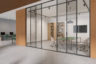 Ofis manzarası, cam konferans odası, televizyon ve raflı sandalyeler. Bilgisayarlarla ortak çalışma alanı sıradaki masalarda. 3B görüntüleme