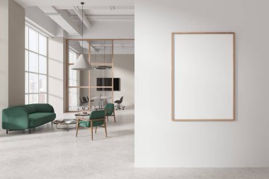 Modern ofis bekleme odasının içinde bej duvarlar, beton zemin ve rahat yeşil kanepe ve sehpanın yanında duran koltuklar. Dikey maket posteri. 3d oluşturma