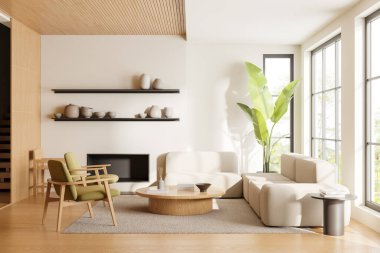 Bej renkli oturma odası. Kanepe, koltuk, sehpa ve şömineli raf. Minimalist mobilyaları ve tropik bölgelerde panoramik pencereleri olan rahat bir yer. 3B görüntüleme