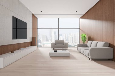 Modern oturma odasının içinde beyaz ve ahşap duvarlar, ahşap zemin, rahat gri koltuk ve sehpanın yanında duran kanepe ve duvarda televizyon. 3d oluşturma