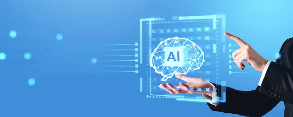 Händer Affärsman Med Hjälp Uppslukande Artificiell Intelligens Hjärngränssnitt Över Ljusblå — Stockfoto