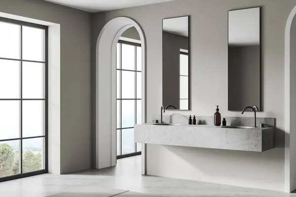 ダブルシンク付きのホテルのバスルーム内装のコーナービュー アクセサリー付きの虚栄心と2つの鏡 アーチドア パノラマウィンドウ付きのコンテンポラリーアパートメントの入浴スペース 3Dレンダリング — ストック写真