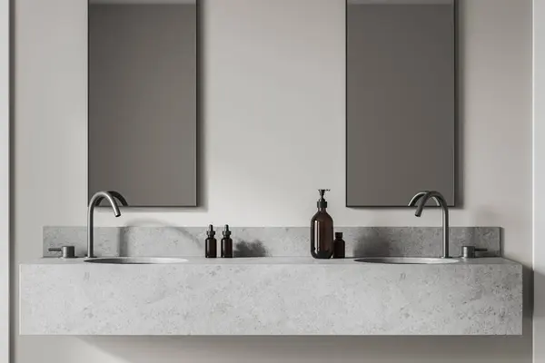 Interior Stylish Bathroom Gray Walls Massive Double Sink Two Vertical — Stock Photo, Image