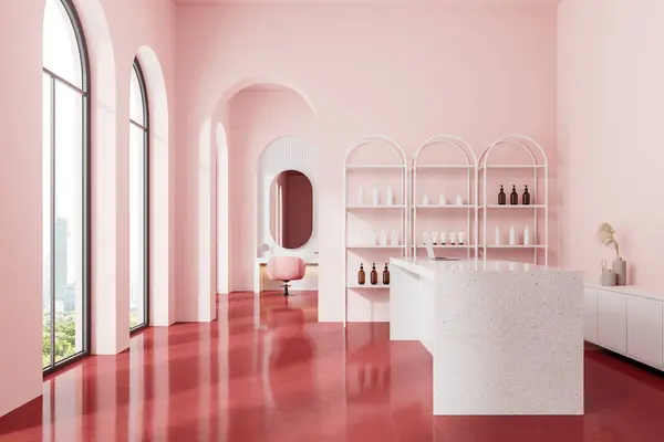 Interior of stylish beauty salon with pink walls, red floor and comfortable white reception counter standing near wall. 3d rendering