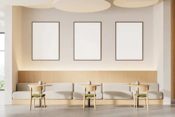 Intérieur Restaurant Moderne Avec Murs Blancs Bois Sol Béton Tables — Photo