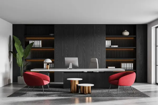 Luksusowe Wnętrze Komputerem Biurku Czerwone Fotele Dywanie Betonowej Podłodze Stylowa — Zdjęcie stockowe