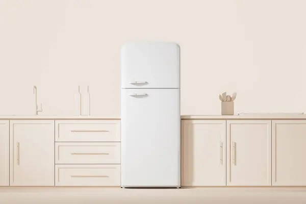 Gemütliche Wohnküche Mit Kühlschrank Und Theke Spüle Und Geschirr Minimalistische — Stockfoto