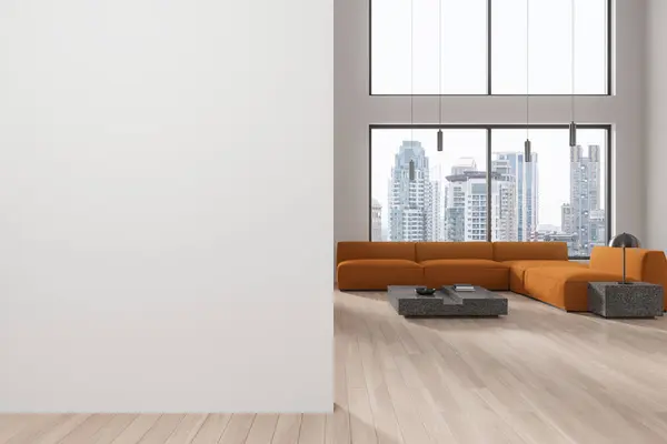 白い壁 木の床 コーヒーテーブルの近くに立っている快適なオレンジ色のソファーが付いている現代リビングルームの内部および左のスペース壁をコピーして下さい 3Dレンダリング — ストック写真