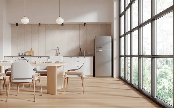 Interieur Der Modernen Küche Mit Weißen Und Beigen Wänden Holzboden — Stockfoto