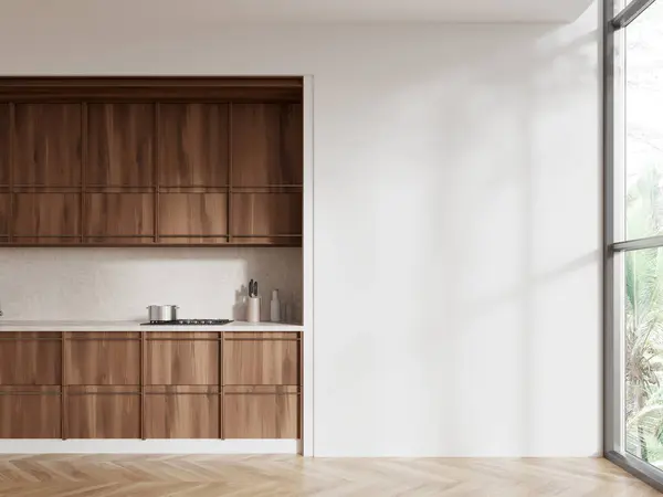 Interieur Der Stilvollen Küche Mit Weißen Wänden Holzboden Komfortablen Holzschränken — Stockfoto