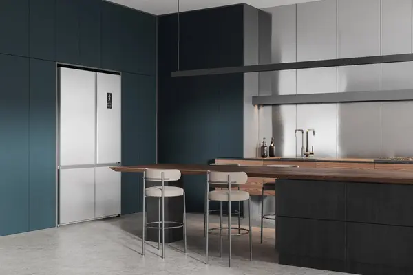 Corner view of luxury home kitchen interior with bar island and stool, side view grey concrete floor. Eating and cooking corner with cabinet and fridge. 3D rendering