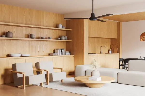 家庭工作室内部的角落景观 具有放松和烹饪空间 侧观沙发和餐桌与椅子 木制餐具柜 架子和装饰 地毯在硬木地板上 3D渲染 — 图库照片