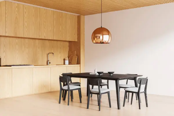 Eckansicht Der Wohnküche Mit Esstisch Und Stühlen Seitenansicht Hartholzboden Ess — Stockfoto