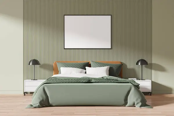 Interior of stylish bedroom with green and white walls, wooden floor, comfortable king size bed with two bedside tables. Horizontal mock up poster. 3d rendering