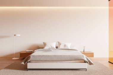 Modern otel odasının içinde çarşaflar, ahşap döşemeli halı. Rahat rahat bir oda, şık mobilyalar ve ahşap komodinli. Boşluk duvarını kopyala. 3B görüntüleme